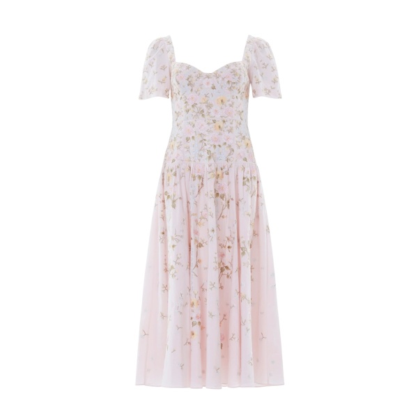 Needle and Thread Garden Rose Linen Blend Ballerina Dress in Shell/Pastel Blue