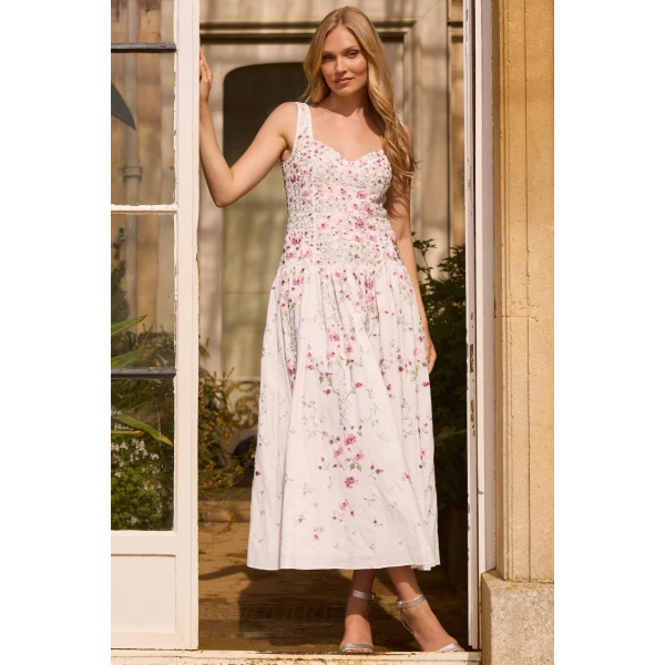 Needle and Thread Garden Rose Linen Blend Sleeveless Ankle Gown in Swan White/Bright, view 2