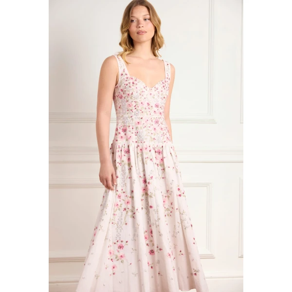 Needle and Thread Garden Rose Linen Blend Sleeveless Ankle Gown in Swan White/Bright, view 4