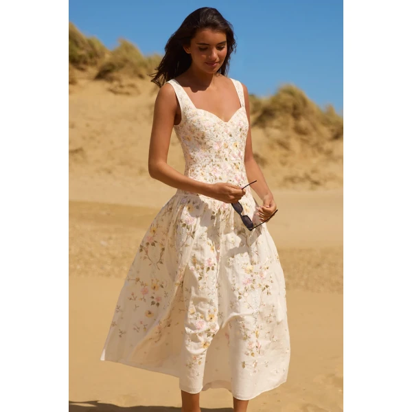 Needle and Thread Garden Rose Linen Blend Sleeveless Ankle Gown in Swan White/Pastel Blue, view 2