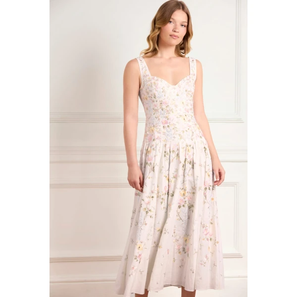 Needle and Thread Garden Rose Linen Blend Sleeveless Ankle Gown in Swan White/Pastel Blue, view 3