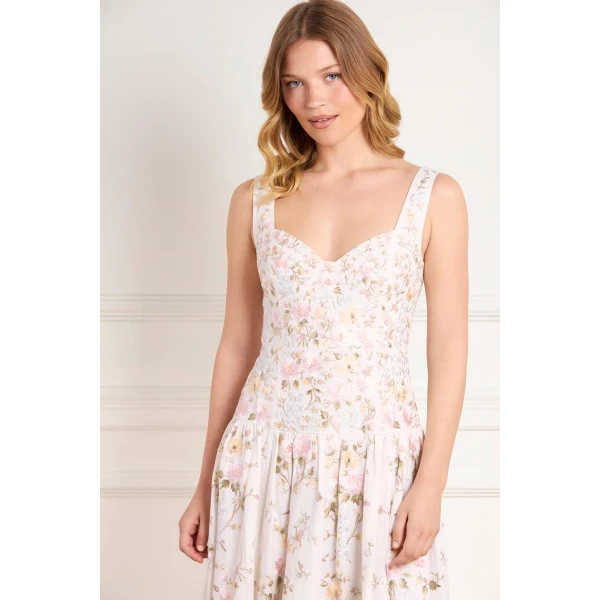 Needle and Thread Garden Rose Linen Blend Sleeveless Ankle Gown in Swan White/Pastel Blue, view 4