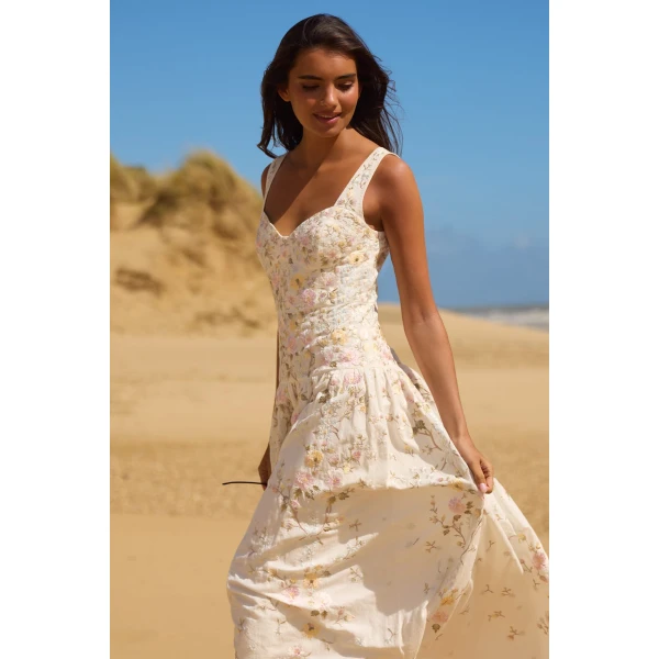 Needle and Thread Garden Rose Linen Blend Sleeveless Ankle Gown in Swan White/Pastel Blue, view 6