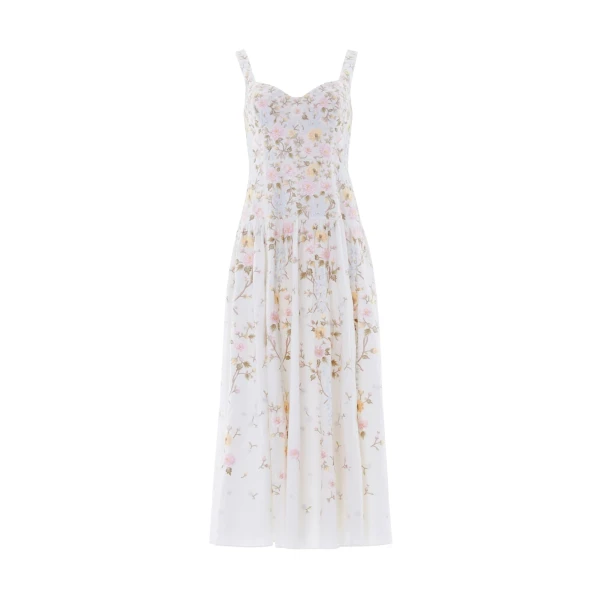 Needle and Thread Garden Rose Linen Blend Sleeveless Ankle Gown in Swan White/Pastel Blue
