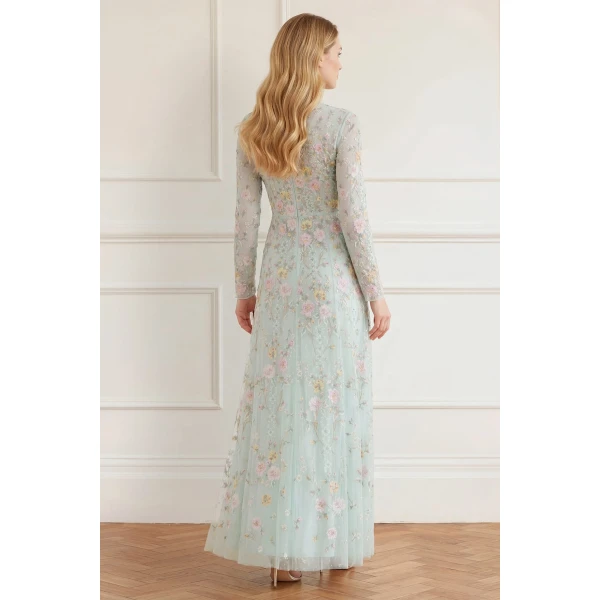 Needle and Thread Garden Rose Long Sleeve Ankle Gown in Sea Mist/Pastel Mint, view 5