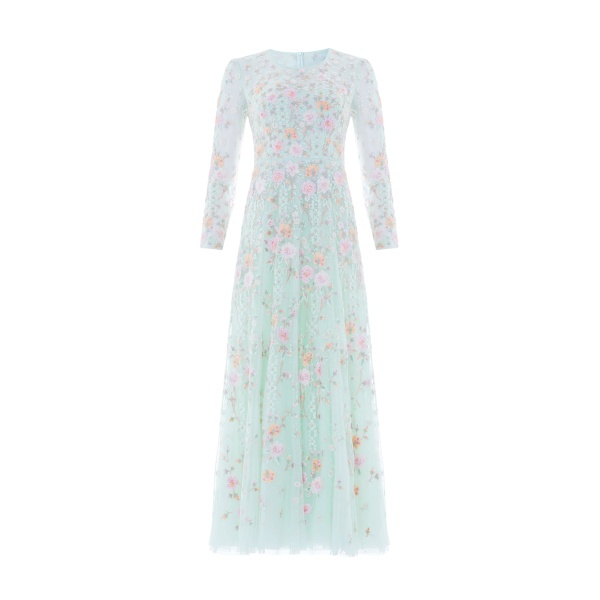 Needle and Thread Garden Rose Long Sleeve Ankle Gown in Sea Mist/Pastel Mint
