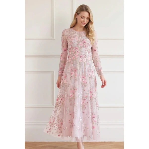 Needle and Thread Garden Rose Long Sleeve Ankle Gown in Shell/Bright, view 3