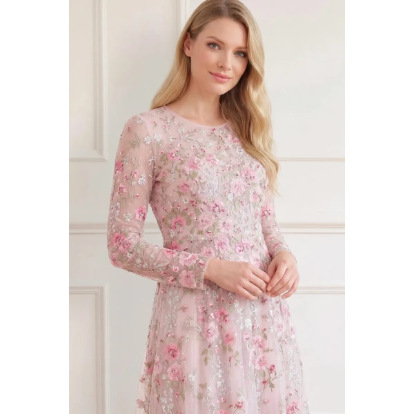 Needle and Thread Garden Rose Long Sleeve Ankle Gown in Shell/Bright, view 4