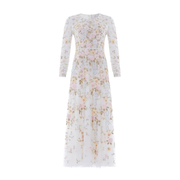 Needle and Thread Garden Rose Long Sleeve Ankle Gown in Swan White/Pastel Blue