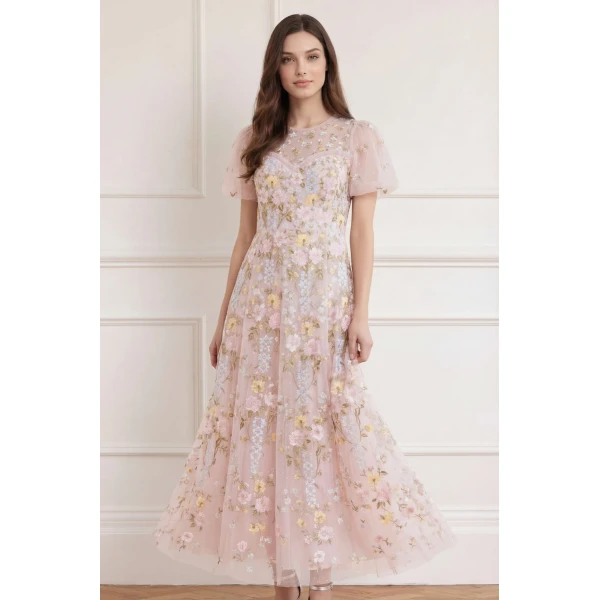 Needle and Thread Garden Rose Short Sleeve Ankle Gown in Shell/Pastel Blue, view 3