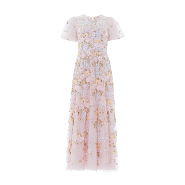 Needle and Thread Garden Rose Short Sleeve Ankle Gown in Shell/Pastel Blue