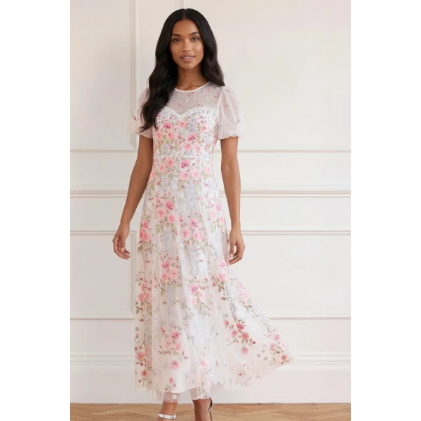 Needle and Thread Garden Rose Short Sleeve Ankle Gown in Swan White/Bright, view 3