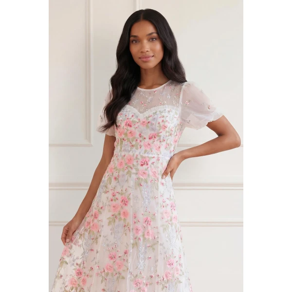 Needle and Thread Garden Rose Short Sleeve Ankle Gown in Swan White/Bright, view 4