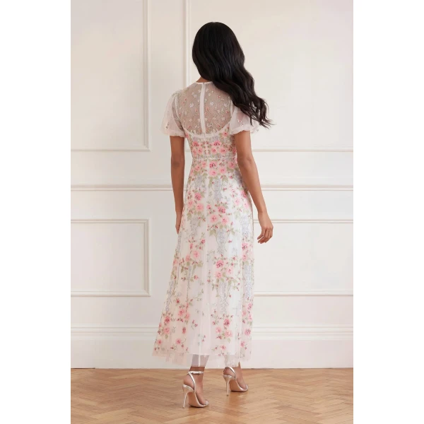 Needle and Thread Garden Rose Short Sleeve Ankle Gown in Swan White/Bright, view 6