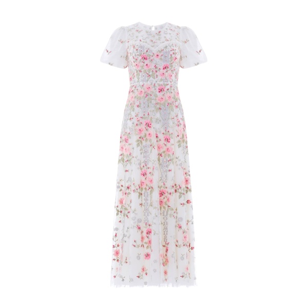 Needle and Thread Garden Rose Short Sleeve Ankle Gown in Swan White/Bright