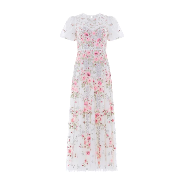 Needle and Thread Garden Rose Short Sleeve Ankle Gown in Swan White/Bright