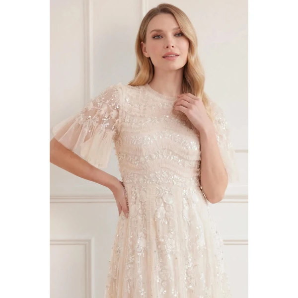 Needle and Thread Gianna Ruffle Short Sleeve Ankle Gown in Cream, view 3