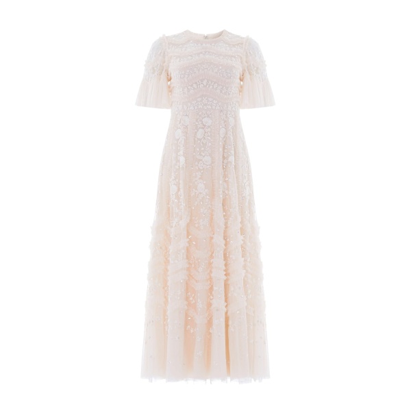 Needle and Thread Gianna Ruffle Short Sleeve Ankle Gown in Cream
