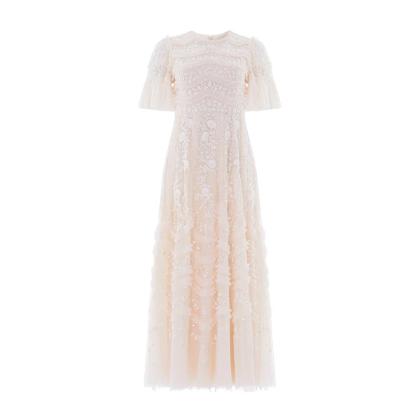Needle and Thread Gianna Ruffle Short Sleeve Ankle Gown in Cream