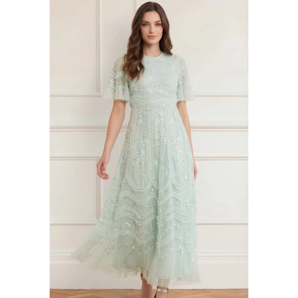 Needle and Thread Gianna Ruffle Short Sleeve Ankle Gown in Sea Mist, view 2
