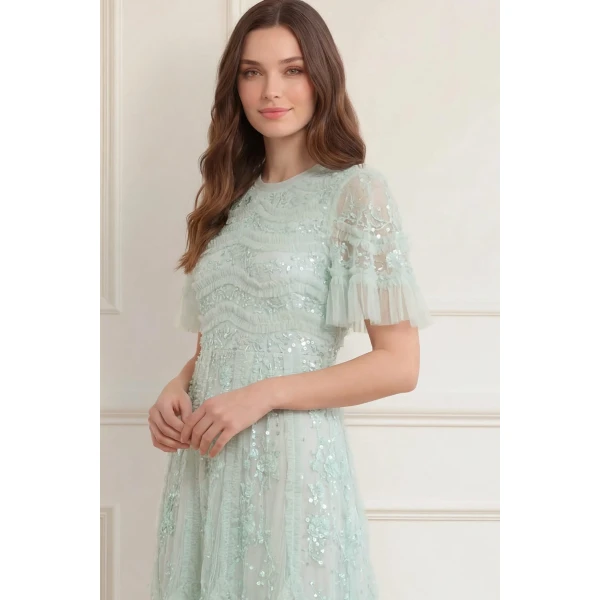 Needle and Thread Gianna Ruffle Short Sleeve Ankle Gown in Sea Mist, view 3
