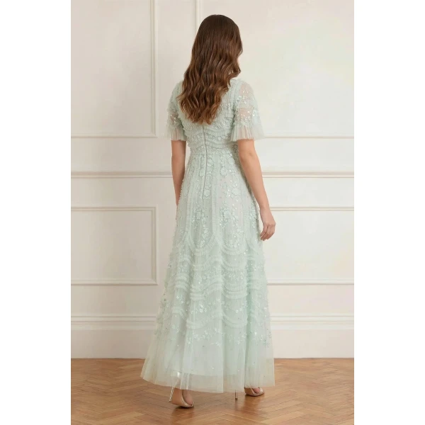 Needle and Thread Gianna Ruffle Short Sleeve Ankle Gown in Sea Mist, view 5