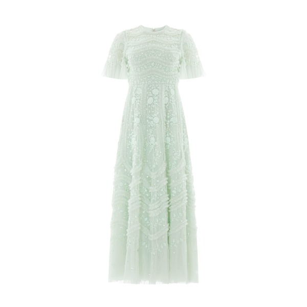 Needle and Thread Gianna Ruffle Short Sleeve Ankle Gown in Sea Mist
