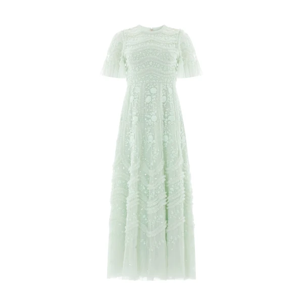 Needle and Thread Gianna Ruffle Short Sleeve Ankle Gown in Sea Mist