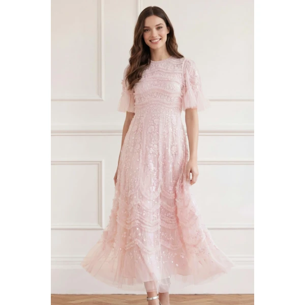 Needle and Thread Gianna Ruffle Short Sleeve Ankle Gown in Shell, view 2