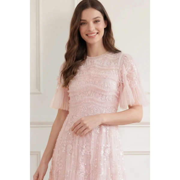 Needle and Thread Gianna Ruffle Short Sleeve Ankle Gown in Shell, view 3