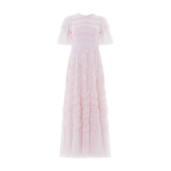 Needle and Thread Gianna Ruffle Short Sleeve Ankle Gown in Shell