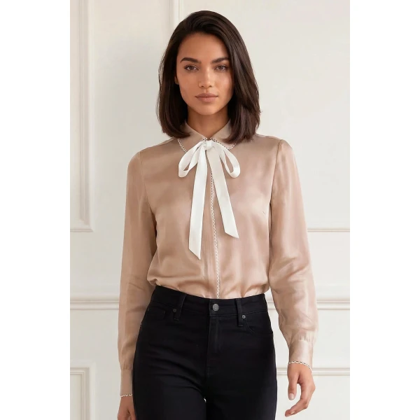 Needle and Thread Lace Trim Bow Shirt in Biscuit, view 2