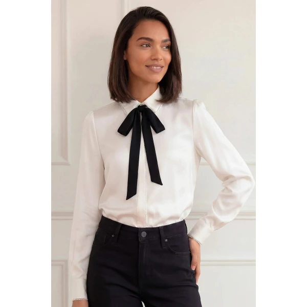 Needle and Thread Lace Trim Bow Shirt in Chalk, view 2