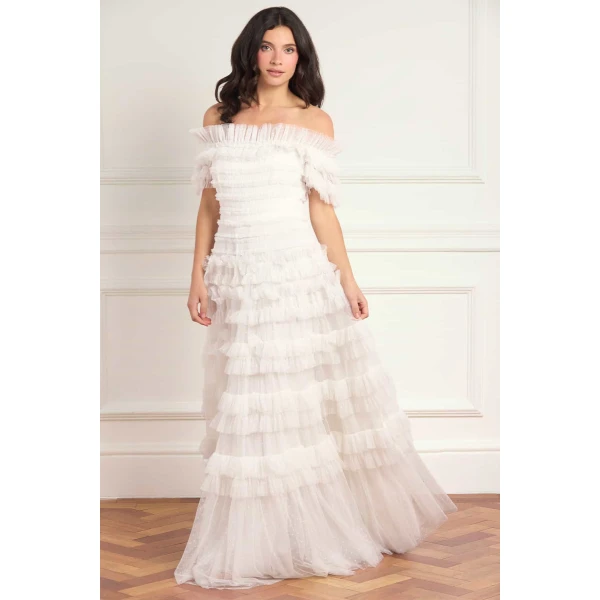 Needle and Thread Lisette Ruffle Off-Shoulder Gown in Swan White, view 3