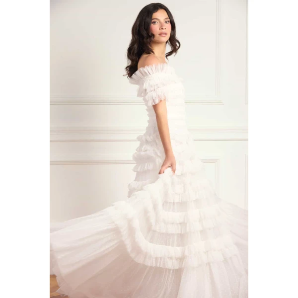 Needle and Thread Lisette Ruffle Off-Shoulder Gown in Swan White, view 4