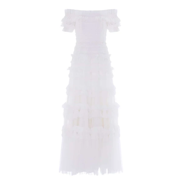 Needle and Thread Lisette Ruffle Off-Shoulder Gown in Swan White