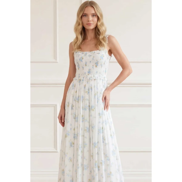 Needle and Thread Magnolia Ditsy Chiffon Smocked Cami Ankle Gown in White/Aqua, view 3
