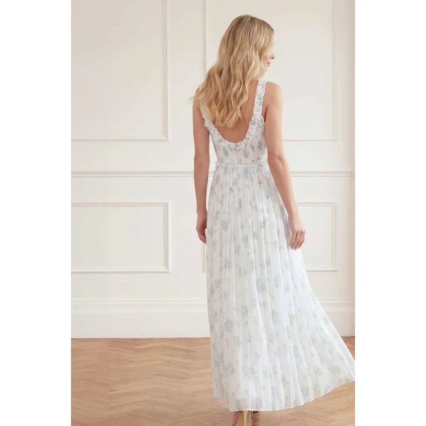 Needle and Thread Magnolia Ditsy Chiffon Smocked Cami Ankle Gown in White/Aqua, view 5