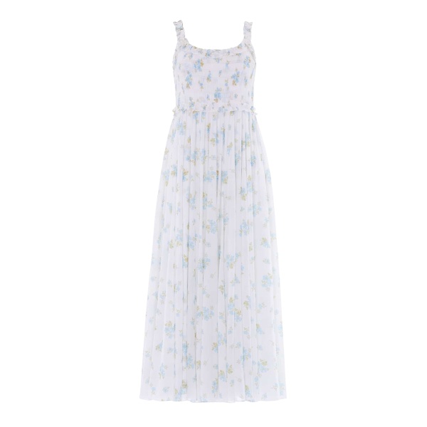 Needle and Thread Magnolia Ditsy Chiffon Smocked Cami Ankle Gown in White/Aqua