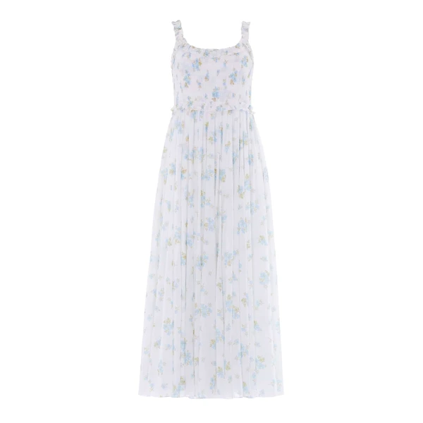 Needle and Thread Magnolia Ditsy Chiffon Smocked Cami Ankle Gown in White/Aqua