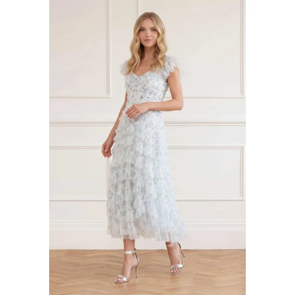 Needle and Thread Magnolia Ditsy Lola Backless Ballerina Dress in White/Aqua, view 2