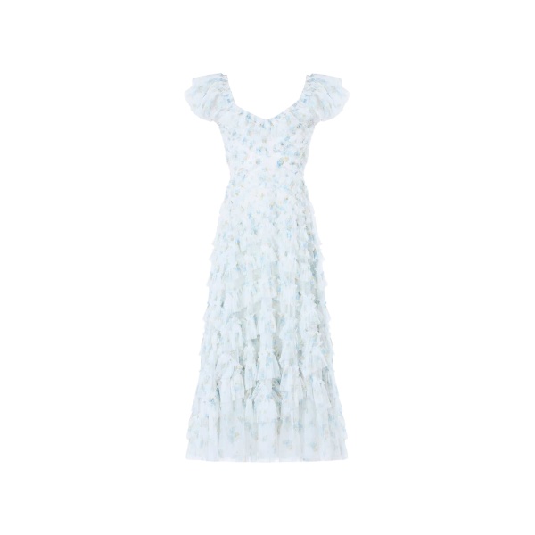 Needle and Thread Magnolia Ditsy Lola Backless Ballerina Dress in White/Aqua