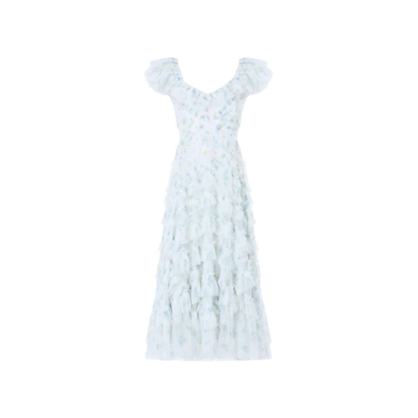Needle and Thread Magnolia Ditsy Lola Backless Ballerina Dress in White/Aqua
