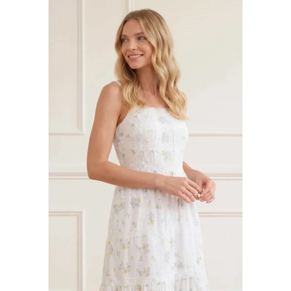 Needle and Thread Magnolia Ditsy Sophia Bib Ankle Gown in White/Aqua, view 3