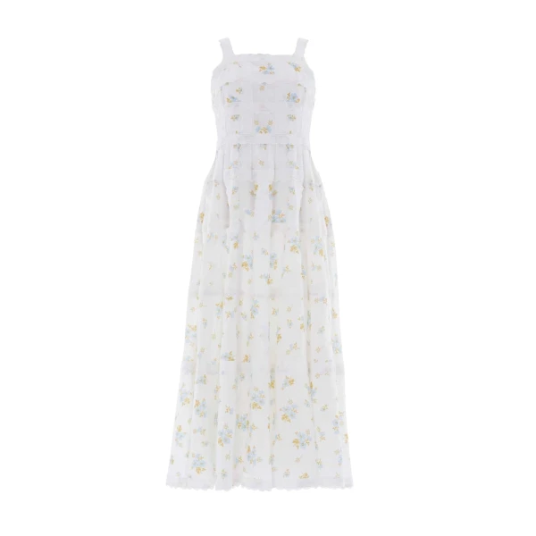 Needle and Thread Magnolia Ditsy Sophia Bib Ankle Gown in White/Aqua