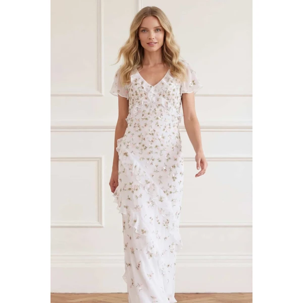 Needle and Thread Meadow Ditsy Georgette Gown in Swan White/Peach, view 2