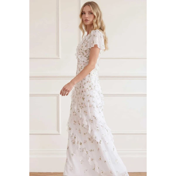 Needle and Thread Meadow Ditsy Georgette Gown in Swan White/Peach, view 3