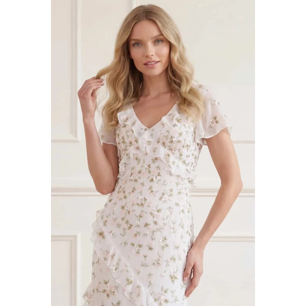 Needle and Thread Meadow Ditsy Georgette Gown in Swan White/Peach, view 4