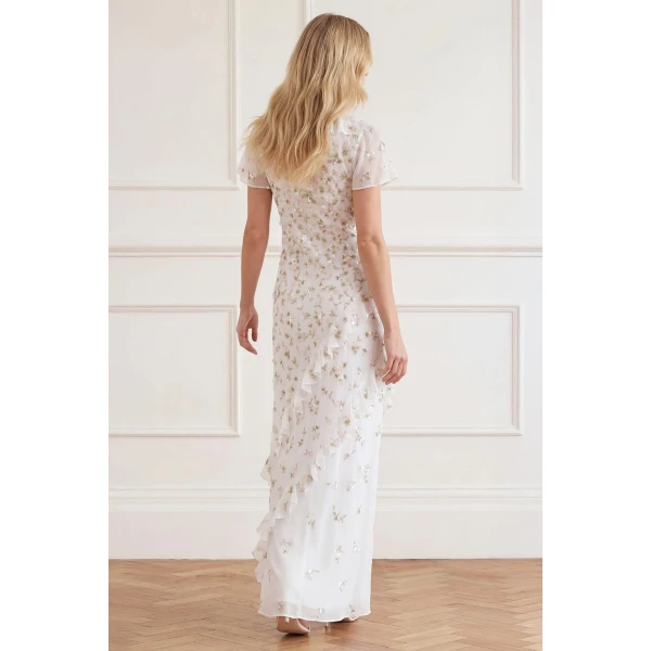 Needle and Thread Meadow Ditsy Georgette Gown in Swan White/Peach, view 5