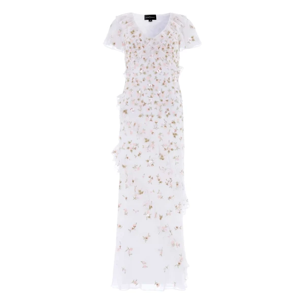 Needle and Thread Meadow Ditsy Georgette Gown in Swan White/Peach
